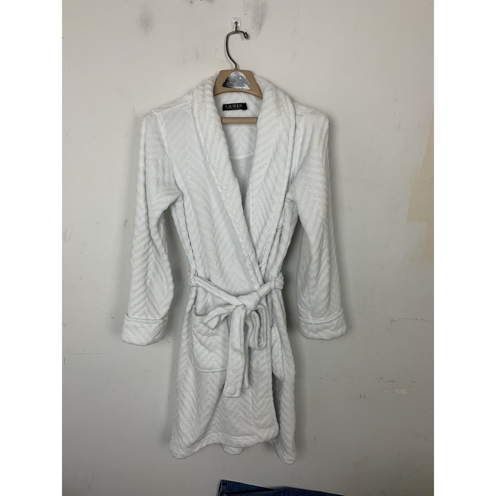 LRL Ralph Lauren Women Robe Small White Plush Belted Spa Embroidered Logo